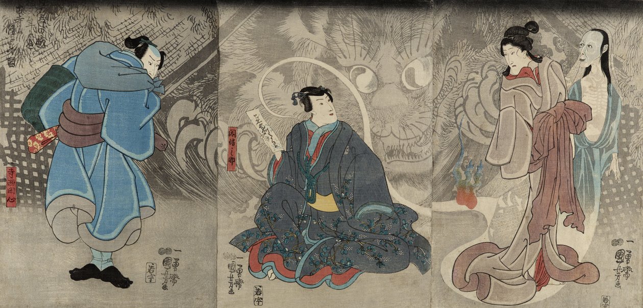 ゴーストストーリーのシーン：岡崎猫の悪魔、1847-48年（カラー木版画）